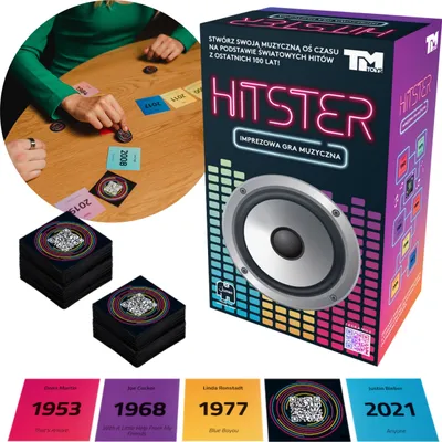 A group of people playing a board game called Hitster at a wooden table.