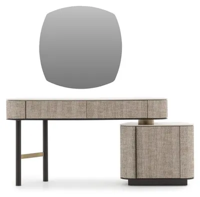 Image de Élégante coiffeuse en bois beige avec grand miroir et espace de rangement