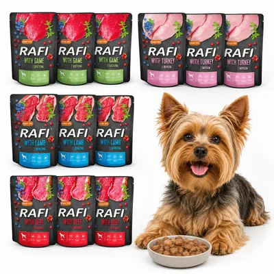Zdjęcie produktu dla RAFI Karma Mokra dla Psów 12 × 300 g w saszetkach – Mix 4 Smaków, Saszetki: Jagnięcina, Wołowina, Indyk, Dziczyzna, productTiles.product.images.aiGenerated