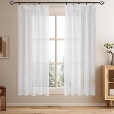 Productafbeelding van Gordijnen met plooiband - Wit - Transparant - Linnenlook - Voile gordijn - Kort - Transparant gordijndoek - 160 cm hoog voor slaapkamer