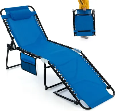 A blue folding lounge chair is shown in an open position, with a smaller inset image showing the chair folded and being held by a person.