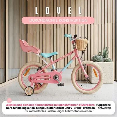 Produktbild von Mädchen fahrrad Kinderfahrrad für Mädchen 16 Zoll 7,9 kg mit Freilauf Fahrrad mit Puppensitz Stützrädern Korb Klingel V-Brake Bremsen LOVEL rosa