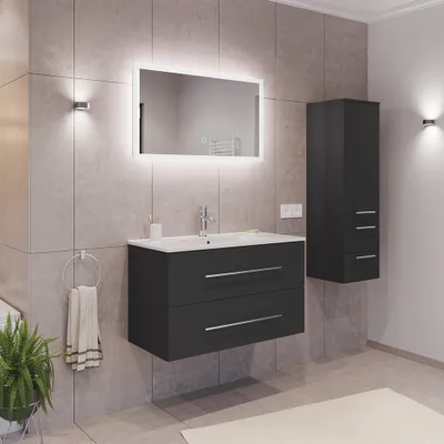 Produktbild von Badmöbel Set 3-teilig, Waschtisch 90cm breit mit Waschbecken und LED Spiegel, in grau - HARLINGEN-02