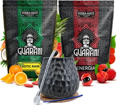 Produktbild von Guarani - Mate Tee Set Energia, Exotic Rain 2x500g - Mate Becher Keramik Wabe Dunkel 400ml - Bombilla - Rauchig - Intensive Yerba Mate - Paraguay
