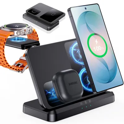 Immagine prodotto di Stazione di ricarica wireless 3-in-1 per Samsung Galaxy S26/S25/S24, Z Fold/Flip, Buds, Galaxy Watch, colore nero