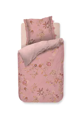 A top-down view of a pink floral bedding set on a light beige background.