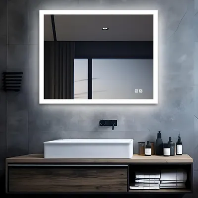 Produktbild von MIQU Badspiegel 80x60cm LED Badezimmerspiegel mit Touch Anti-fog Dimmbar 3 Lichtfarben  Beschlagfrei Lichtspiegel Wandspiegel MIB
