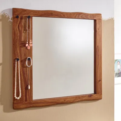 Produktbild von Wandspiegel Sheesham Massivholz 80x80x3 cm Design Flurspiegel Baumkante, Hängespiegel Modern mit Haken, Spiegel Wand Groß, Moderner Garderobenspiegel