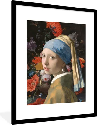 Produktbild von MuchoWow® Gerahmtes Poster Das Mädchen mit dem Perlenohrring - Vermeer - Blumen 60x80 cm - Poster mit Schwarzem Bilderrahmen Wandposter Rahmen Foto Bilder - Wohnzimmer - Dekorationen - Prämie
