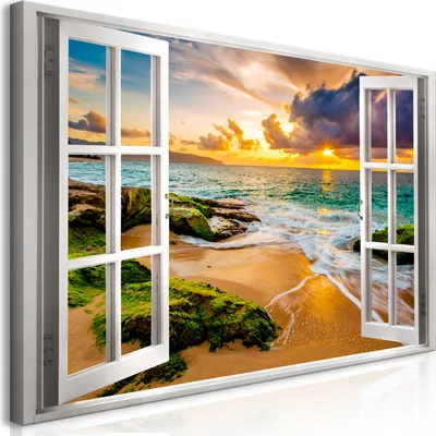 Produktbild von Wandbild Mega XXXL Fensterblick 250x125 cm Einteiliger XXL-Format Kunstdruck zur Selbstmontage Leinwandbilder moderne Bilder DIY Wanddekoration Wohnung Deko Strand Meer c-C-0373-ak-e