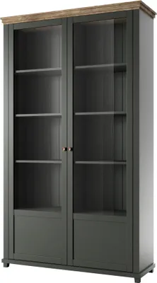 Produktbild von Vitrinenschrank grün Landhaus EPSOM-83 mit Lefkas Eiche Nb. Knopfgriffe Messing, B/H/T: ca. 126/200/42 cm