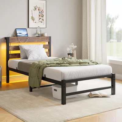 Produktbild von okwish Klassische Betten 90x200 Metallbett Jugendbett mit LED und USB,Bettgestell mit Ablagefläche am Kopfteil,Einzelbett mit Stauraum unter dem Bett,Antikbraun (ohne Matratze)