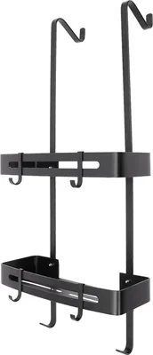 Produktbild von Duschablage - Hängender Duschkorb - Ohne Bohren - Über Tür bis 5 cm - 2 Ebenen - 6 Haken (4 beweglich) - 32,5×12,5×73 cm - Aluminium - Schwarz
