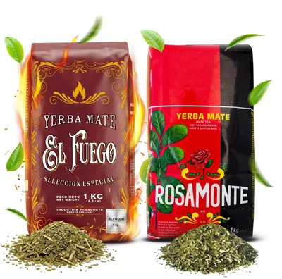 Produktbild von El Fuego & Rosamonte - Mate Tee Set Elaborada 2kg - Yerba Mate Hoher Koffeingehalt - Viel Staub - Starker Wachmacher - Paraguay Argentinien 2x1kg