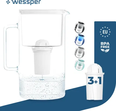 Produktbild von Dzbanek filtrujący wodę Wessper wykonany ze szkła 3 L Biały Kompatybilny z wkładami filtrującymi Brita Classic | Zawiera 4 wkłady filtrujące wodę