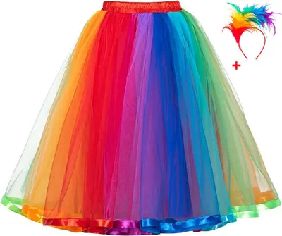 Produktbild von Regenbogen-Tüllrock, Damen-Party-Neonrock + buntes Feder-Stirnband, hohe Taille, Regenbogen-Tutu-Rock, 50er-Jahre-Tutu-Unterrock, Kostüme für Karnevalspartys und Bühnenauftritte