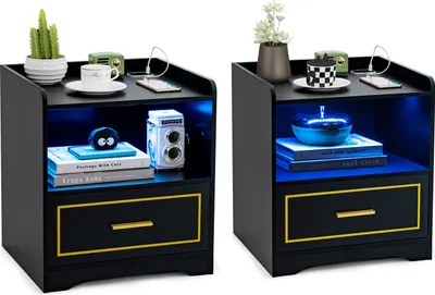 Produktbild von COSTWAY 2er Nachttisch mit LED, USB-Anschluss, Typ-C-Ladestation, Bewegungssensor, schwarz