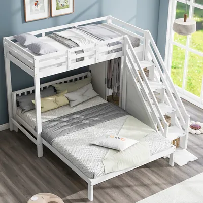 Immagine prodotto di letto a castello okwish letto a castello 90/140x200 per bambini con armadio e scaletta, rete con protezione anticaduta e materasso, letto in legno massiccio con rete a doghe e scivolo, bianco