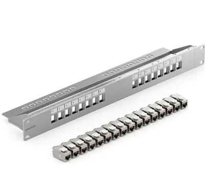 Produktbild von deleyCON 16 Port CAT7 Patchpanel SET Patchfeld Verteilerfeld Modular 1 HE 19" Zoll Rackeinbau + 16x CAT 7 Keystone Module RJ45 LAN Netzwerk 10 Gbit/s 600 MHz Verlegekabel Grau