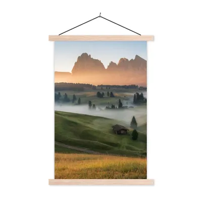 Produktbild von MuchoWow® Textilposter Berg - Nebel - Landschaft 120x180 cm mit holzfarbenen Rahmen - Textil-Plakat