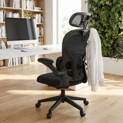 Image de Chaise de bureau ACXIN pour le télétravail, noire : chaise ergonomique en résille avec patère, soutien lombaire réglable, accoudoirs rabattables et roulettes silencieuses