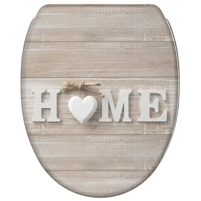 A toilet seat with a wood-like pattern and the word "HOME" spelled out with letters and a heart.