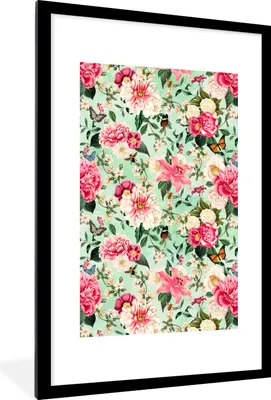 Produktbild von MuchoWow® MuchoWow® Gerahmtes Poster Blumen - Rosa - Schmetterling 60x90 cm - Poster mit zchwarzem Bilderrahmen - Dekoration - Wandposter Wohnzimmer - Hochwertig