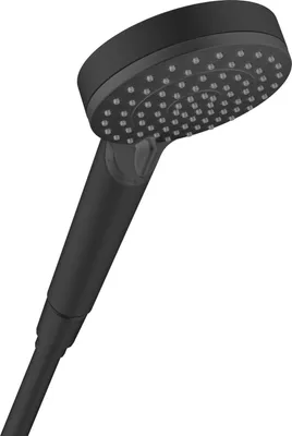 A black hand shower head with a hose attached, shown against a white background.