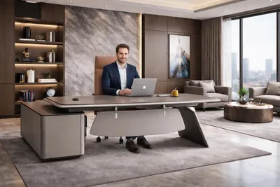 Produktbild von Designer Braun-Grauer Schreibtisch Robuster Holz Eckschreibtisch