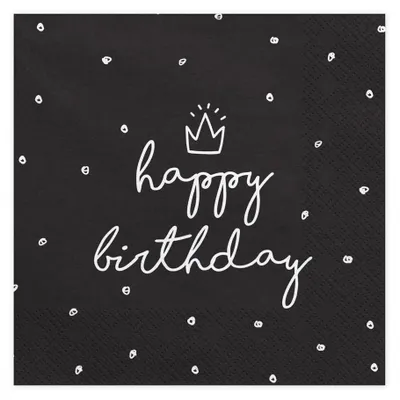 Produktbild von HAPPY BIRTHDAY Servietten Schwarz Weiß Aufschrift BIRTHDAY Party 33x33cm 20St.
