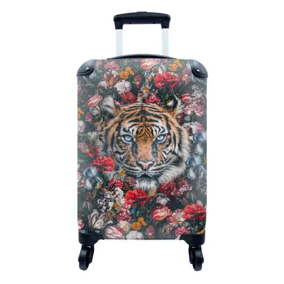 Produktbild von MuchoWow® Koffer Handgepäck Trolley Rollkoffer Kleine Reisekoffer mit 4 Rollen - Tiger - Blumen - Malerei - Cabin Size < 55x40x23 cm & 55x40x20 cm - Fotokoffer - Kabinenkoffer - Boardgepäck - Reise-Box - Reisekoffer - Reisegepäck - Koffer mit Bild - Trolley für Kinder