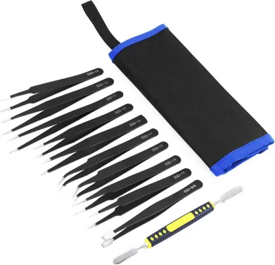 Produktbild von Pinzettenset 11tlg. Antistatisch Edelstahl Werkzeug inkl. Tasche