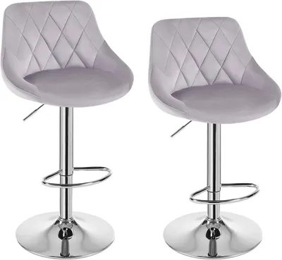 Two light gray bar stools with silver bases and adjustable height mechanisms are shown against a white background.