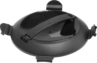 A black lid for a rice cooker.