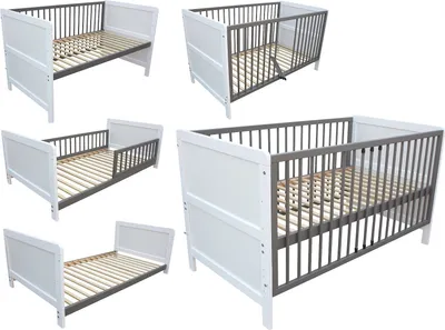 Produktbild von Kinderbett Juniorbett Gitterbett Beistellbett 140x70 cm 3in1 weiß-grau