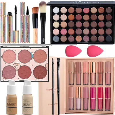 Produktbild von Make-up Set für Frauen und Mädchen mit Lidschatten, Lippenstift, Rouge, Mascara, Eyeliner, Foundation und Pinseln