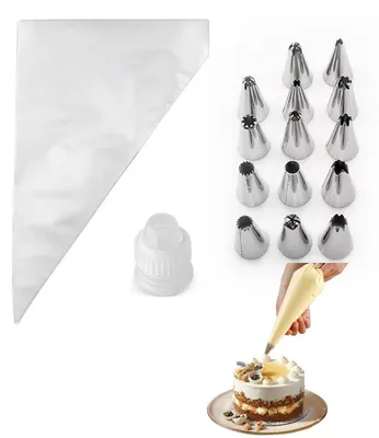 Immagine prodotto di Set di sacchetti per decorazioni 100 sacchetti monouso da 32,5 cm, 14 bocchette in acciaio inossidabile, adattatore, per decorazioni di torte
