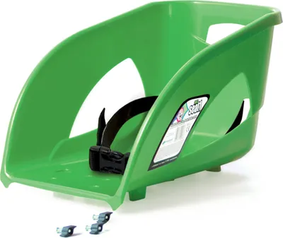 A green plastic sled seat with a black strap and buckle, shown on a white background.