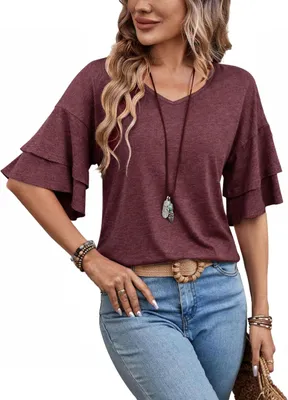 Zdjęcie produktu dla Ryhula, koszulka damska, letnia, rękaw 3/4, elegancka bluzka, kolor: bordo, rozmiar: M