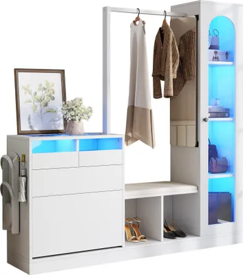 Produktbild von Sweiko 6-in-1-Eingangskombination, Garderobenset, Frisiertisch mit Kleiderstange, Schuhbank und Klappschuhschrank, Glasvitrine, Mit farbwechselndem LED-Licht