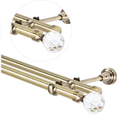 Zdjęcie produktu dla Karnisz 160 cm do montażu na ścianie, karnisz 19 mm 2-krotny w kolorze antycznego złota, zestaw karnisza z kryształem kulkowym