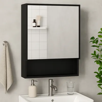 Produktbild von AIORBER Spiegelschrank, wasserfest lackierter Edelstahl, mit 2 Innenböden, offenem Regal, Hängeschrank ,aus Glas,für Badezimmer, 46x13,5x58cm, Schwarz