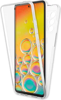 A transparent phone case is shown from a diagonal angle, with a colorful, abstract wallpaper displayed on the phone screen inside.