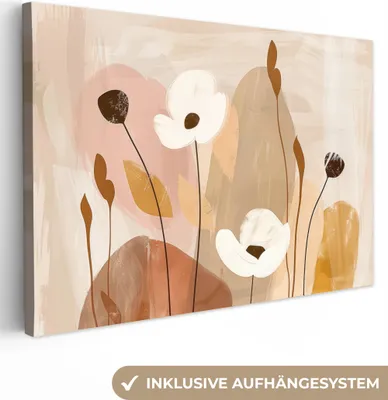 Produktbild von MuchoWow® - Leinwandbilder - Blumen - Abstrakt - Beige - Strichzeichnung, Wandbild, Wanddeko Bilder Wohnzimmer, 90x60 cm