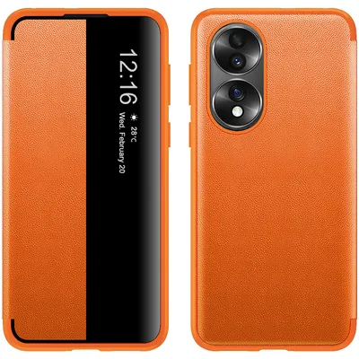 Obrázek produktu pro Pouzdro pro Honor 70 tenkéPolyuretankožené klopové pouzdro s okénkem pro zobrazení Pomerančový