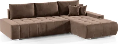 A brown sectional sofa is shown against a white background.