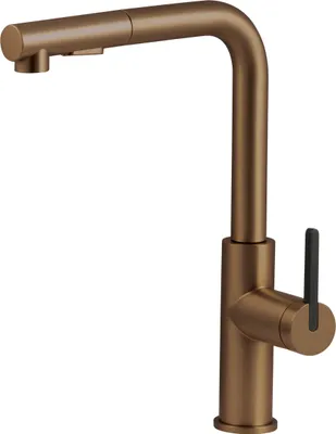 A bronze kitchen faucet with a pull-out spray head is shown against a white background.