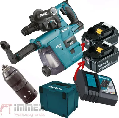 A collection of Makita power tools and accessories, including a cordless hammer drill, batteries, charger, and storage case, arranged on a white background.