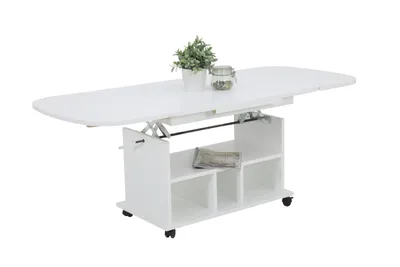 A white lift-top coffee table with storage shelves and wheels is shown against a white background.
