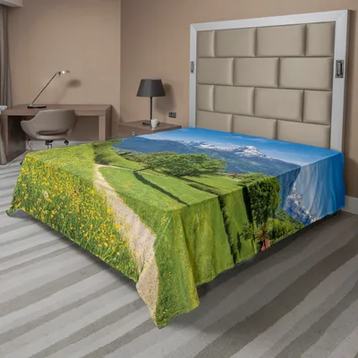 Produktbild von ABAKUHAUS Berg Bettlaken, Frühlings Landschaft In Den Alpen Mit Blumengras Schnee Gebirgsoberseiten Ländlichen Dorf, weiches bequemes oberes Bettlaken für ein Nachbildungatives Bett 1 Stück 275 cm x 260 cm, Mehrfarbig